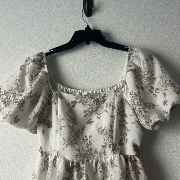 Blu Pepper Cream Midi Dress with Brown Floral Print and Puff Sleeves, Size M - Picture 2 of 7